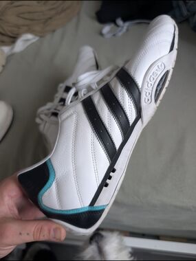 adidas X Mercedes  White Sneakers with Black Stripes and Teal Accent